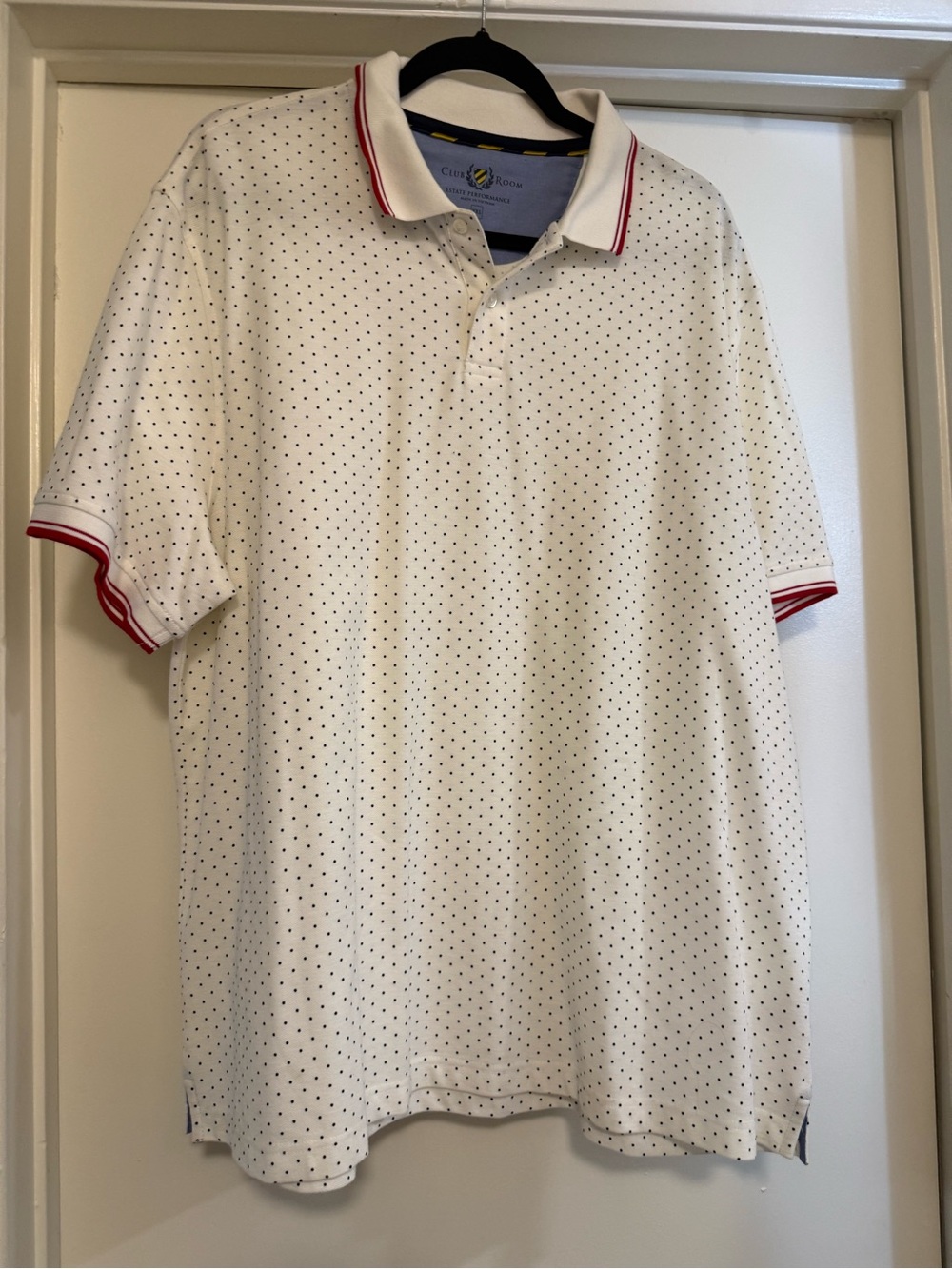 Club Room Cutter & Buck White Polo with Red Trim and Navy Microdots